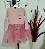 5-6-7 Yaş Kiraz Desenli Kurdela Kuşaklı Astarlı Uzun Kollu Kız Çocuk Tütü Elbise Gül Kurusu