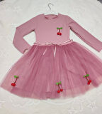 5-6-7 Yaş Kiraz Desenli Kurdela Kuşaklı Astarlı Uzun Kollu Kız Çocuk Tütü Elbise Gül Kurusu