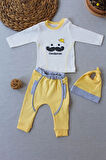 3-6 6-9 9-12 Ay Gentleman Erkek Nakışlı Şapkalı Uzun Kollu Sweat 3lü Erkek Bebek Takımı Sarı