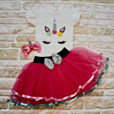 9-12-18 Ay Payetli Pony Nakışlı Tokalı Kısa Kollu Tütü Etek 3lü Kız Bebek Takımı Fuşya