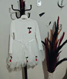 5-6-7 Yaş Kiraz Desenli Kurdela Kuşaklı Astarlı Uzun Kollu Kız Çocuk Tütü Elbise Beyaz