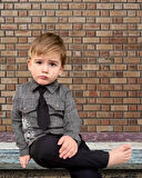 3-4-5 Yaş Kravatlı Keten Gömlek Gabardin Pantolon Uzun Kollu 3lü Erkek Çocuk Takımı Kahverengi