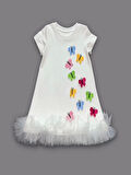 1-2-3 Yaş Renkli Kelebekler Nakışlı Eteği Fırfırlı Jile Çocuk Elbisesi Beyaz