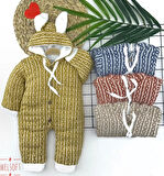 6-9-12-18 Ay Düğme Kapamalı Kulaklı Kapşonlu Triko Kumaş Kız Erkek Bebek Tulumu Sarı