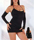 B060828 Eldivenli Mini Elbise