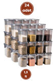 Flora Kare Erzak Saklama Kabı 24'lü Set, Gıda Baharat Bakliyat Saklama Kabı Orta Boy 24x(1,3 lt)