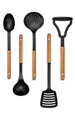 Ahşap Saplı 5’li Servis Seti, Kepçe Kaşık Kevgir Spatula Ezici Set (Yağda Kullanıma Uygun Değildir)