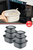 Flora Mikrodalga Saklama Kabı 6’lı Set, Buzluk Buzdolabı Mikrodalga Uygun Kapaklı Set 2x(600-1100-1800ml) Füme