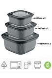 Flora Mikrodalga Saklama Kabı 6’lı Set, Buzluk Buzdolabı Mikrodalga Uygun Kapaklı Set 2x(600-1100-1800ml) Füme
