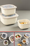 Flora Mikrodalga Saklama Kabı 6’lı Set, Buzluk Mikrodalga Uygun Kapaklı Özel Set 2x(600-1100-1800ml) Krem