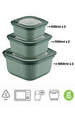 FloraMikrodalga Saklama Kabı 6’lı Set, Buzluk Mikrodalga Uygun Kapaklı Özel Set 2x(600-1100-1800ml) Yeşil