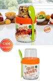 Flosoft 2'li Kaşıklı Cam Müsli Kabı Seti, Meyve Yoğurt Yulaf Müsli Granola Diyet Saklama Kabı 425ml