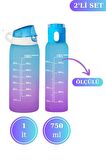 Flosoft Okul ve Sporcu Matarası Suluk, Motivasyonel Su Şişesi 2’li Set Mavi (1000ml+750 ml)