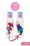 Flosoft Lisanslı Trolls Matara, Trolls Desenli Düğmeli Okul Suluğu, Sızdırmaz Öğrenci Suluk 500ml