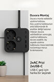 2 Prizli 2 USB Girişli Duvar Tipi Anahtarlı Priz – 3680W Güç, 16A, USB Şarj Özellikli