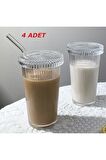 4 Adet 600 ML Mika Origami Stil Kapaklı Cam Pipetli Bardak Origami Stil Soğuk Kahve Meşrubat Bardağı