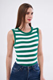 YEŞİL BEYAZ Kadın Çizgili Fitlilli Likralı Pamuklu Bisiklet Yaka Kolsuz Tshirt Atlet