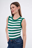 YEŞİL BEYAZ Kadın Çizgili Fitlilli Likralı Pamuklu Bisiklet Yaka Kolsuz Tshirt Atlet