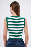YEŞİL BEYAZ Kadın Çizgili Fitlilli Likralı Pamuklu Bisiklet Yaka Kolsuz Tshirt Atlet