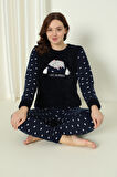 Fawn 5006 Peluş Welsoft Polar Kışlık Yumoş Kadın Pijama Takımı Uyuyan Kedili