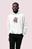 Flower Baskılı Beyaz Erkek Kapüşonlu 3 iplik Şardonlu Ribanalı Sweatshirt Hoodie