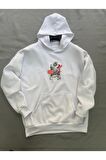 Flower Baskılı Beyaz Erkek Kapüşonlu 3 iplik Şardonlu Ribanalı Sweatshirt Hoodie