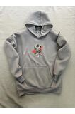 Flower Baskılı Gri Erkek Kapüşonlu 3 iplik Şardonlu Ribanalı Sweatshirt Hoodie