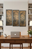 Zamanın İzleri - 3'lü Triptik Tablo, Yaşlı Kadın Figürlü Sanat Eseri, 25x60 cm Çerçeveli