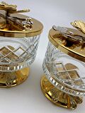 2'li Ayaklı Gold Timeless Cam Magnolia Kasesi, Kelebek Kapaklı Dondurmalık, Şekerlik, Çerezlik