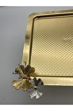 Ayaklı Gold Kare Metal Çay ve Kahve Servis Tepsisi, Pasta, Kek, Kurabiye, Çeyizlik Sunum Tepsi