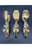 Kelebek Aksesuarlı Gold Metal Salata, Makarna, Pasta Servis , Sunum , Yemek , Maşası 3'lü Set