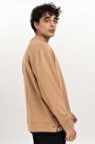 Fermuar Detaylı Erkek Bomber Sweatshirt-Bej-XXL