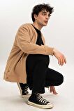 Fermuar Detaylı Erkek Bomber Sweatshirt-Bej-XXL