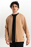 Fermuar Detaylı Erkek Bomber Sweatshirt-Bej-XXL