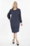 Jakarlı Kumaş Tül Kol Büyük Beden Cepli Fermuarlı Elbise G10-2071