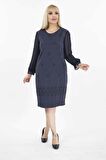 Jakarlı Kumaş Tül Kol Büyük Beden Cepli Fermuarlı Elbise G10-2071