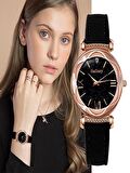 Gogoey Kadın Kol Saati Lüks Moda Şık Trend Bayan Takı Saat Siyah Rose Gold