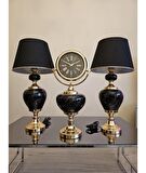 Gold Metal Detaylı Siyah Abajur ve Saat Set