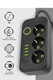 GüncelÇarşı Akım Korumalı 3'lü Çoklu Priz, 4 Usb + 1 Type C Pd, 1.5 Mt Kablo, Üçlü Grup Priz - Siyah