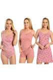 Kadın Dantelli Ip Askılı Likralı Penye Gecelik - Atlet Şort - Atlet Külot Takım 3 lü Çeyizlik Takım