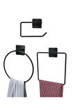 siyah metal yapışkanlı 3'lü set kare ve yuvarlak havluluk - tuvalet kağıtlığı