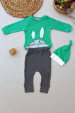 3-6 6-9 9-12 Ay Şımarık Tavşan Nakışlı Şapkalı Uzun Kollu Sweat 3lü Kız-erkek Bebek Takımı Yeşil