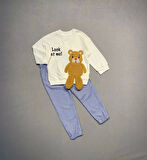 2-3-4 Yaş Ayıcık Sallanan Ayak Desenli Likra Penye Kumaş Sweat Pantolonlu Kız Erkek 2li Çocuk Takımı Ekru