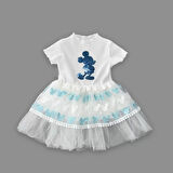 1-2-3 Yaş Payetli Mickey Baskılı Brode Etekli Kız Bebek Elbisesi Turkuaz