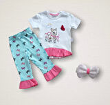 6-9 9-12 12-18 Ay Ceylanın Rüyası Baskılı Bandanalı Kısa Kollu Sweat 3lü Kız Bebek Takımı Mint Yeşili