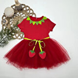 1-2-3 Yaş Çilek Bebekler Baskılı Çilek Kuşaklı Astarlı Kız Bebek Tütü Elbise Kırmızı