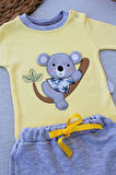 3-6 6-9 9-12 12-18 Ay Yavru Koala Nakışlı Uzun Kollu Sweat 2li Kız Erkek Bebek Takımı Sarı