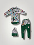 6-9 12-18 18-24 Ay Power Kedi Nakışlı Uzun Kollu Sweat Şapkalı 3lü Kız Erkek Bebek Takımı Yeşil