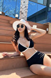Kadın Siyah Beyaz Kaşkorse Yüksek Bel Bikini Takımı