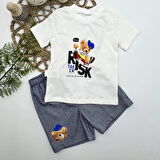 1-2-3 Yaş Kaykaycı Ayı Baskılı Şortlu Kısa Kollu Tişört 2li Erkek Bebek Takımı İndigo